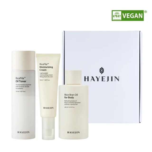HAYEJIN „RiceFila™ & Rice Bran“ 3 žingsnių Dovanų Rinkinys Veido ir Kūno priežiūrai